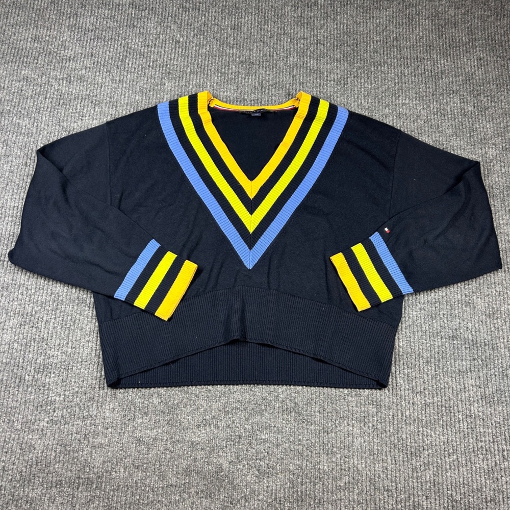 Tommy‎ Hilfiger Sweater Women's M V-Neck Navy Blue Yellow Striped Casual